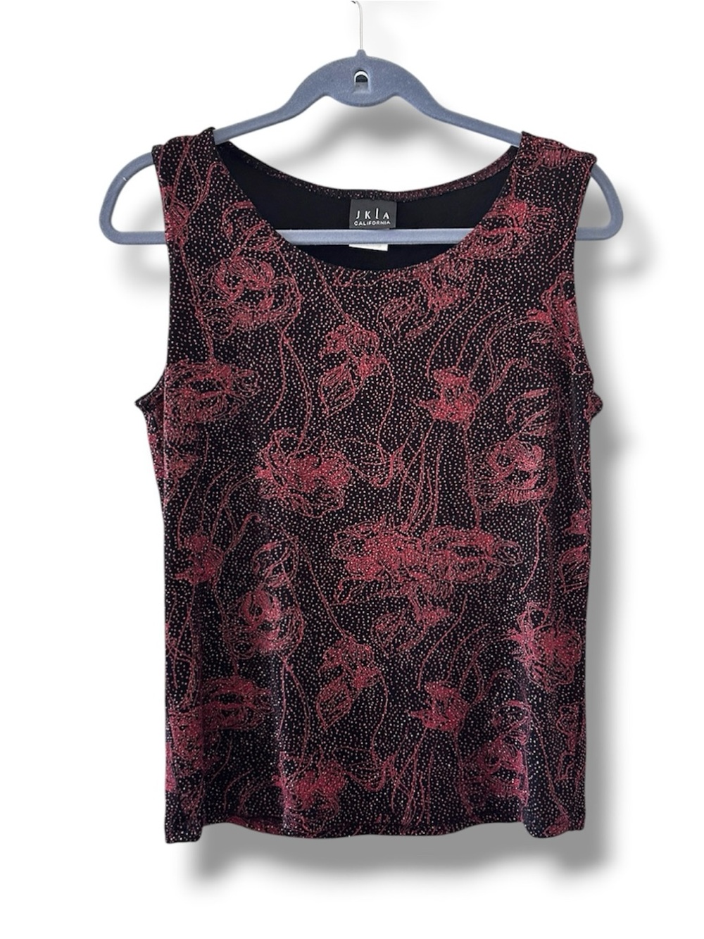Vintage 90s JKLA Black & Red Glitter Floral Slinky Tank Top Women’s Sz Med Party